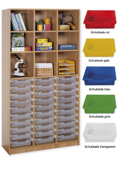 Material Tall Cabinet Shelves L, standard depth, 9 shelves, 30 drawers L