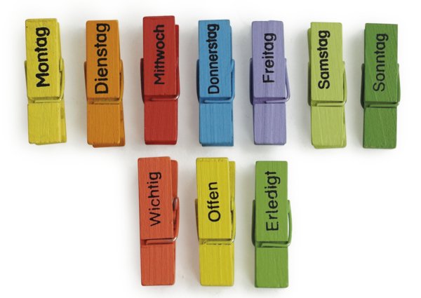 TimeTEX Weekday Pegs, 10 pcs., coloured, with magnet