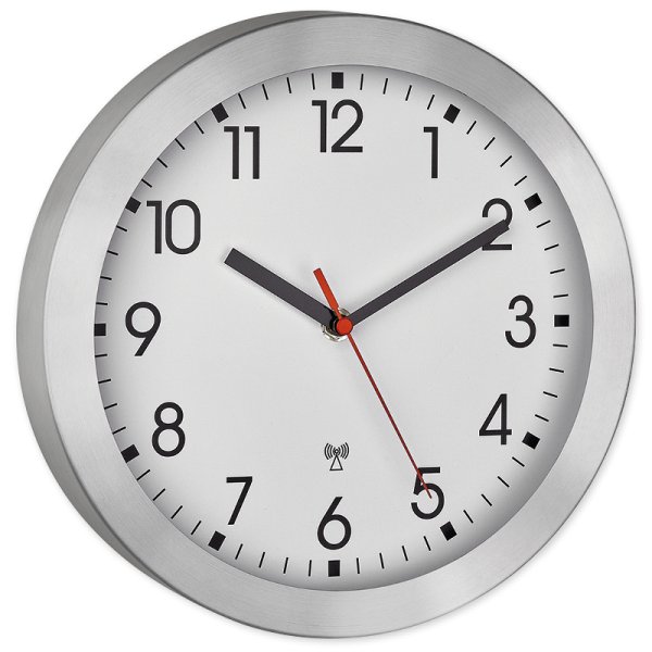 Radio-controlled school clock with aluminium frame, silver, 25 cm ø