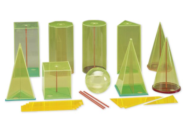 Geometric Bodies Set with Centre Axis and Cross Section, transparent, 29 pcs.