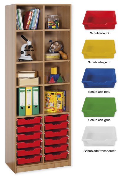 Material Tall Cabinet Shelves S, standard depth, 8 shelves, 12 drawers L
