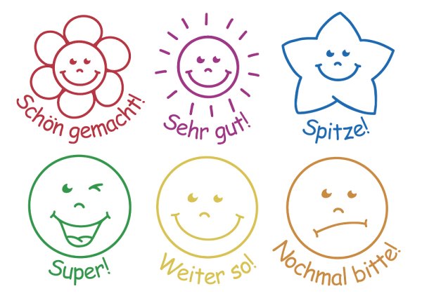 Set of Wooden Teacher Stamps, 6 pcs. "Commendation" different colours