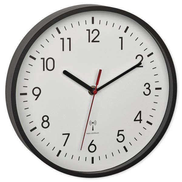 Radio-controlled school clock with plastic frame, black, 24.5 cm ø