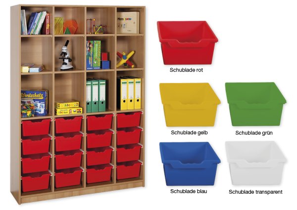 Material Tall Cabinet Shelves XL, standard depth, 12 shelves, 16 drawers XL