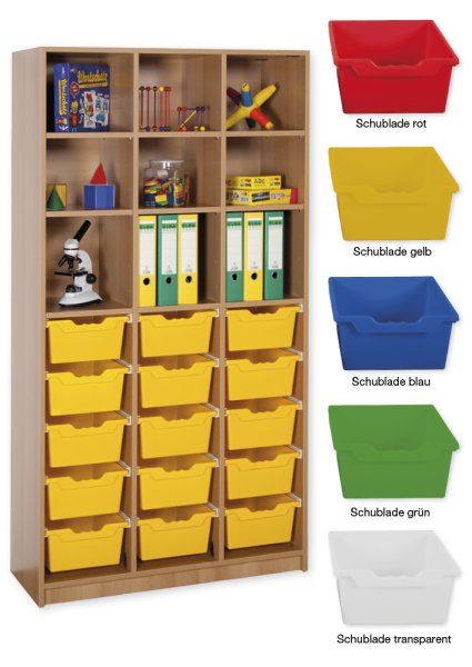 Material Tall Cabinet Shelves L, standard depth, 9 shelves, 15 drawers XL