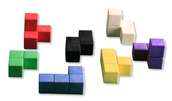 Wooden Soma Cube 60 x 60 mm, box 7 coloured shapes