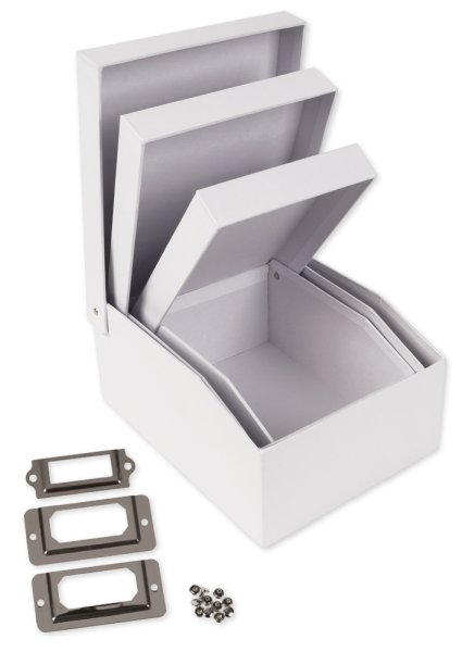 Cardboard filing boxes, white, 3 different sizes with hinged lids