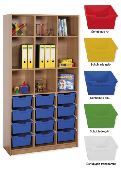 Material Tall Cabinet Shelves L, standard depth, 9 shelves, 12 drawers XL