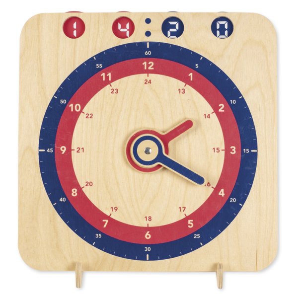 Demo teaching clock 1-24 analogue/digital, manual, made of wood
