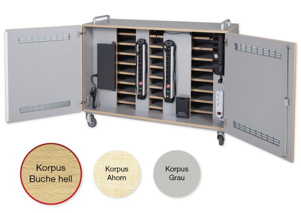 Laptop and Tablet Wheeled Cabinet, front/rear doors, 16 pull-out trays