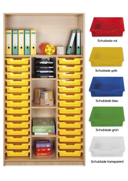 Material Tall Cabinet Shelves L, standard depth, 5 shelves, 28 drawers L