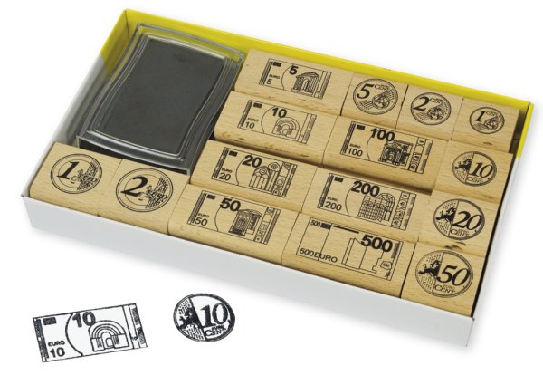 TimeTEX Set Currency Stamps EURO made of wood with stamp pad, 16 pcs.