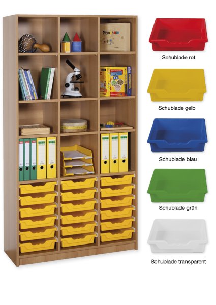 Material Tall Cabinet Shelves L, standard depth, 12 shelves, 18 drawers L