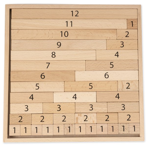 Number blocks 1-12 for comparing and calculating, made of wood, 41 pcs. In the frame