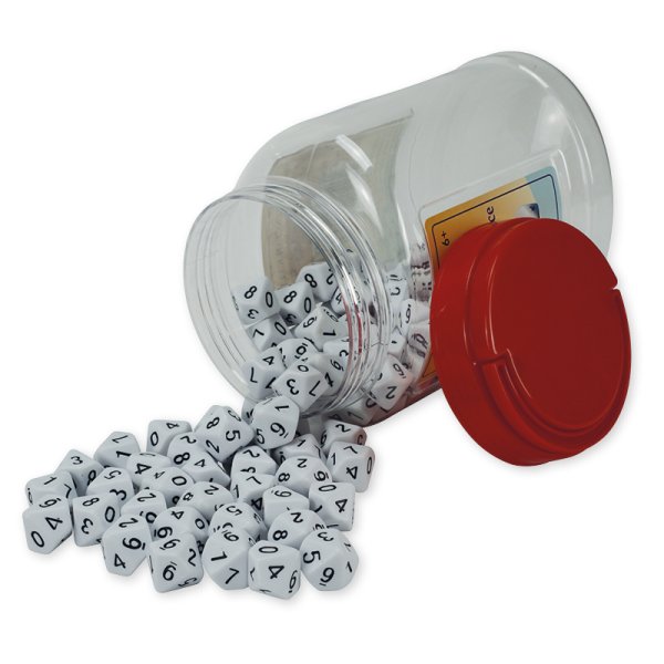 Set of ten-sided Dice in jar, 0-9, white, 100 pcs.