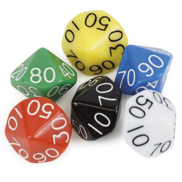 Set of ten-sided Dice 00-90 (Tens), 6 pcs. in a bag