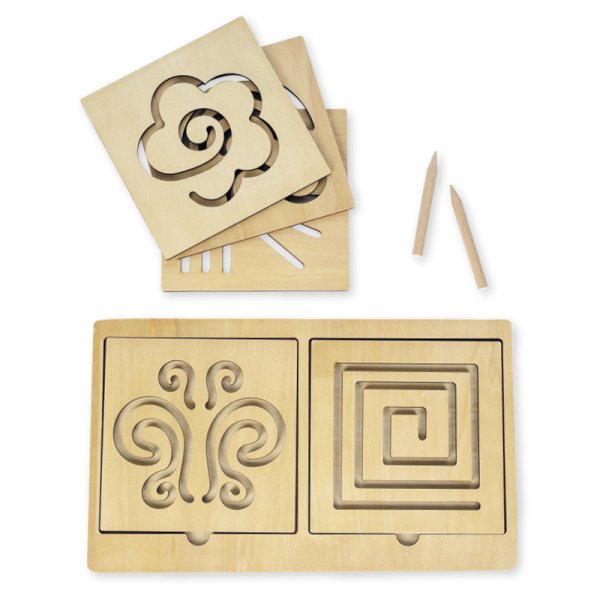 Set of Handwriting Exercise stencils with Frame and Stylus, 7 pieces, in wooden box