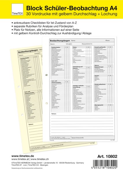 TimeTEX A4 Pupil Observation Pad, 30 sheets with carbon copy
