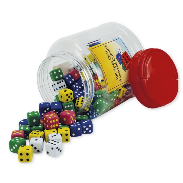 Game Dice Set, 100 pcs. in jar, multicoloured, 15 mm, with dots