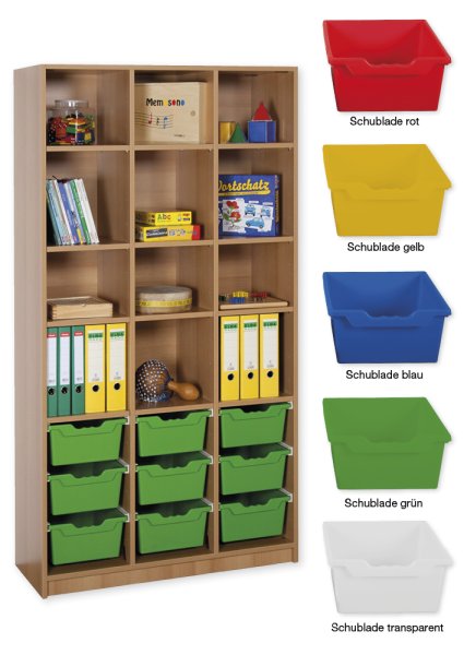 Material Tall Cabinet Shelves L, standard depth, 12 shelves, 9 drawers XL