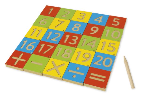 Number Tiles 1-20, 6x6 cm, with arithmetic symbols and stylus, in wooden box