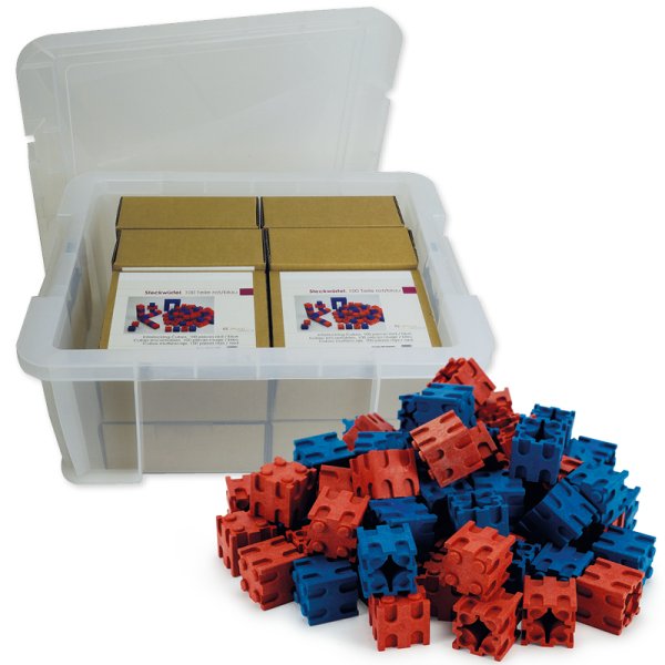 Class Set Plug Cubes red/blue, 2x2 cm, 8 pcs. in stacking box