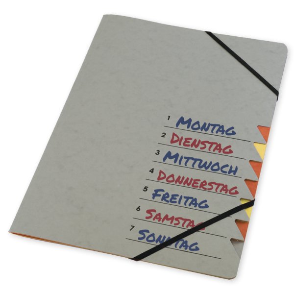 Weekday Folder, cardboard, A4-Plus, 7 subdivisions, elastic closure
